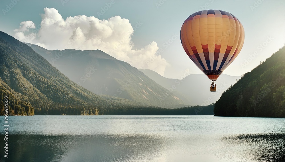 Hot air balloon over mountain lake 