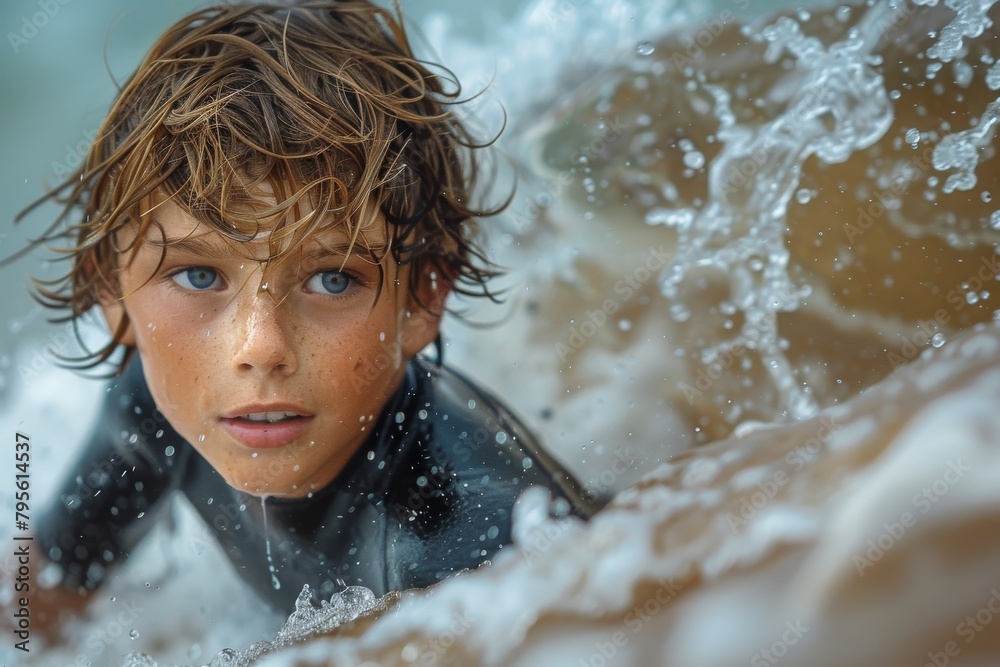 Obraz premium Young, intense boy in wetsuit looking daringly at the camera with waves around him