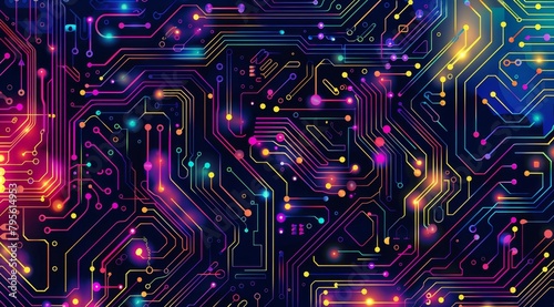 A colorful circuit board pattern with intricate lines and shapes, representing the complex nature of digital data flow in an advanced computer system Generative AI