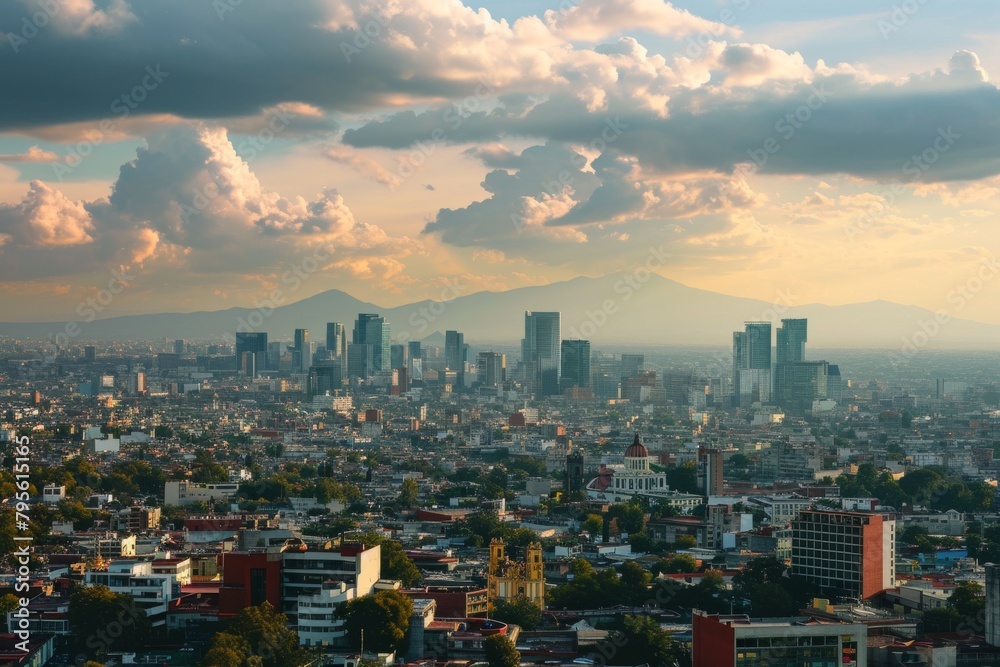 Scenery of  skyline of Mexico City amidst a bustling day. AI generated