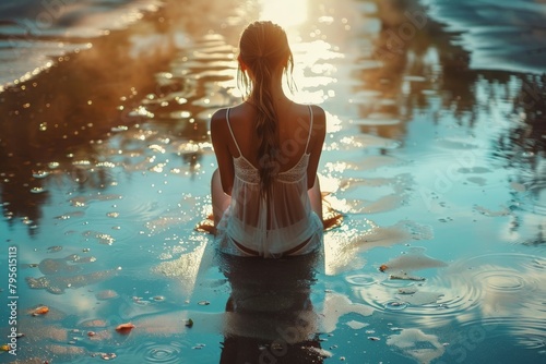 A woman meditates in a tranquil setting as the sunset casts a soft golden glow on the reflective water  conveying peace and harmony