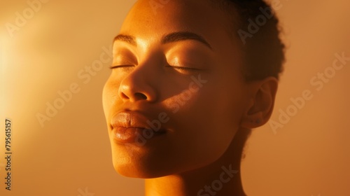 Serene African-American Woman Embracing Sunlight in Golden Hour © Oksana Smyshliaeva
