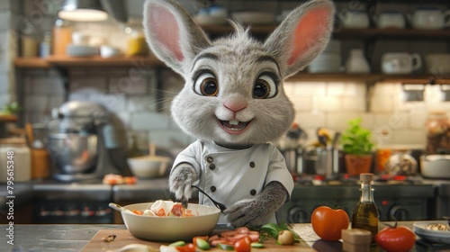   A tight shot of a rabbit in a kitchen, focusing on it with a bowl of food In the background, a bottle of wine sits unopened photo