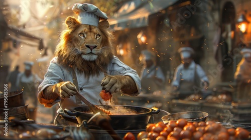  A lion in a chef's attire stirs a pot on a table People are present in the background