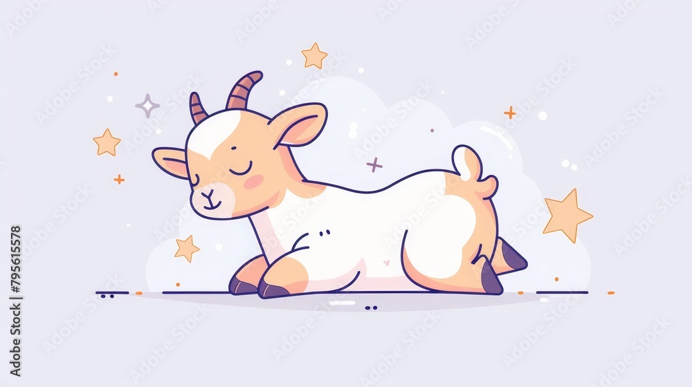   A brown-and-white goat lies atop a blue ground, starred on its flanks Above, a blue sky is speckled with white clouds and stars