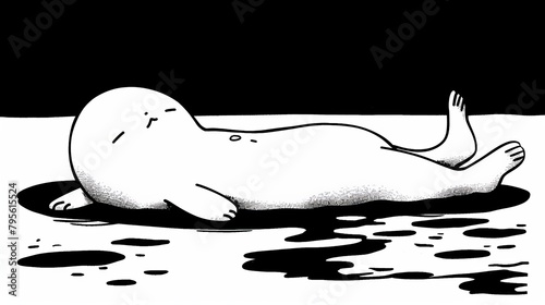  A black-and-white drawing of a seal in the water, with its head elevated above the surface