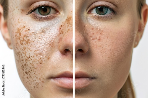 Before and after Woman with spotty skin with deep pores and blackhead and healed soft skin isolated on white background