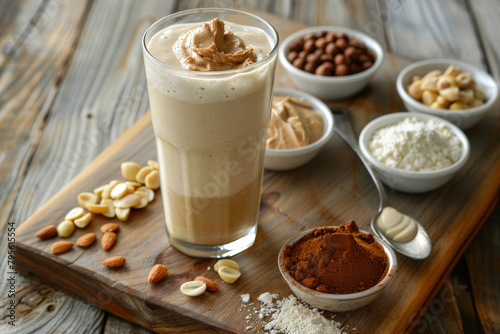 Banana Almond Protein Smoothie in tall glass on light wood board with nut butter and white protein powder in surrounding bowls. On rustic light wood surface with spoon.