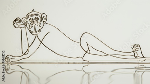  A monkey drawing reclines on its back, one hand rests on its hip, and the other hand holds a tennis racquet