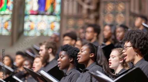 Diverse Choir Singing Passionately in Church Setting