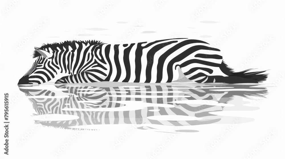 Naklejka premium A zebra in water, its head reflected in the surface