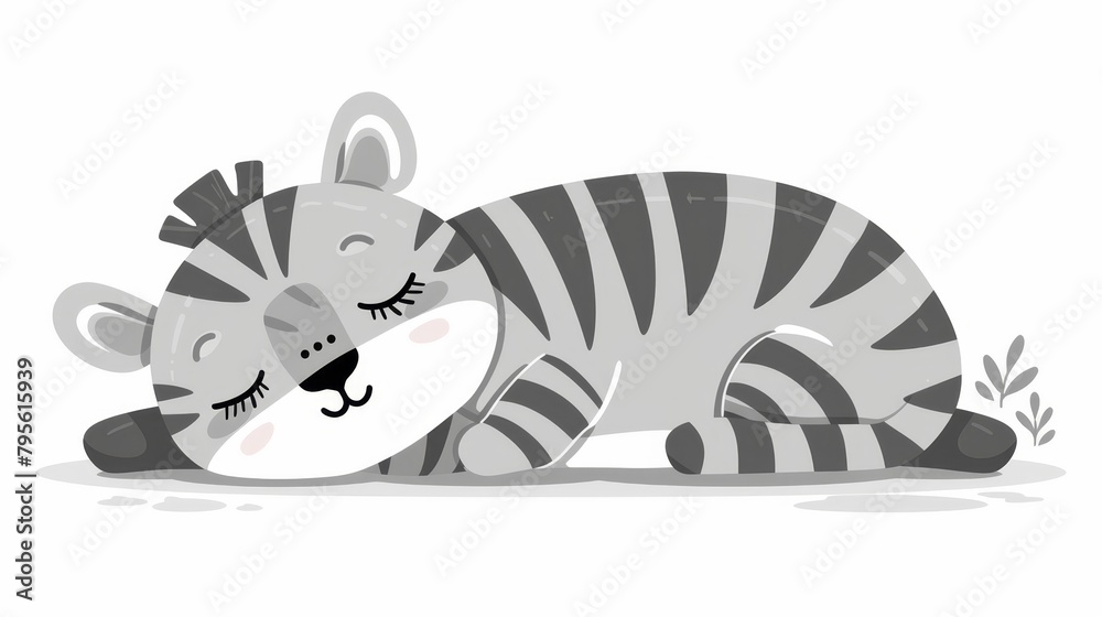 Fototapeta premium A zebra lies down, eyes closed, head resting on the ground