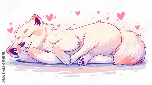 A white dog dozes on the ground, his head resting on another dog's back Hearts decorate the background