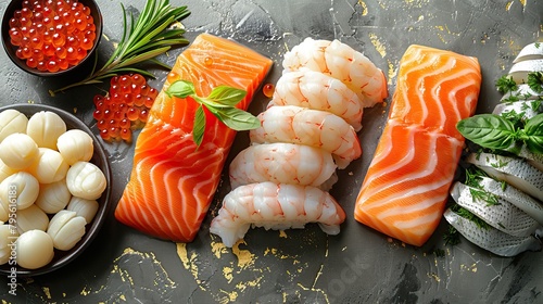 Beautiful seafood with vegetables and herbs on a dark stone background. Food advertising. Banner, menu.