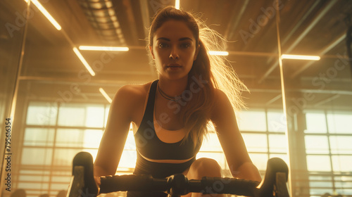 The camera follows the young woman's fluid movements on a stationary bike in a bright and transparent gym, capturing her endurance and determination during an indoor cycling sessio photo