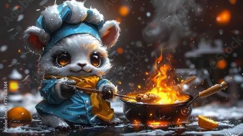   A painting of a small mouse stirring a pot over an open fire with a spatula The spatula is within its reach photo