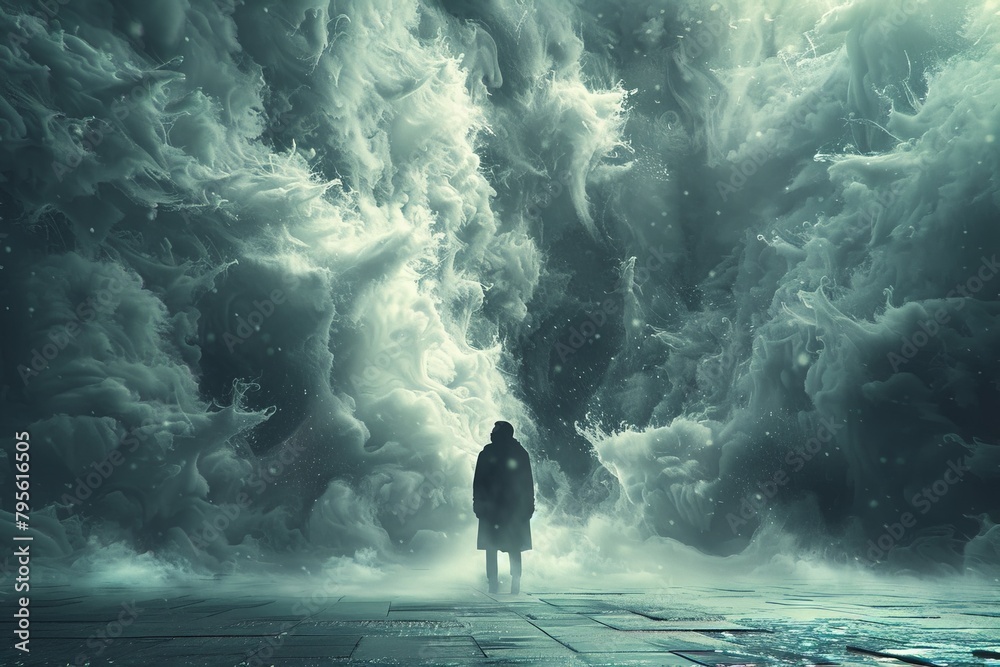 A solitary figure walks towards an ominous storm, shrouded in swirling clouds and a dramatic atmosphere A solitary figure walks towards an ominous storm, shrouded in swirling clouds and a dramatic atmosphere
