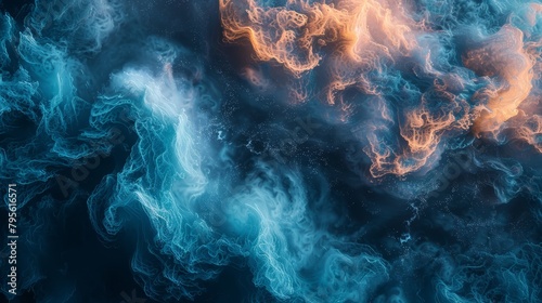  A wave-shaped cluster of blue and orange smoke against a dark backdrop of blue and orange photo