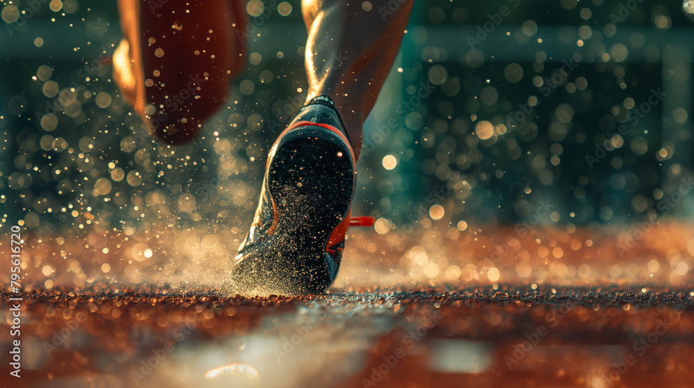 An athlete bursting off the starting blocks, feet a blur of motion ...