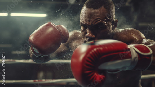 A boxer delivering a lightning-fast combination, sweat flying with each punch. The camera focuses on the impact of the gloves against the opponent's body, highlighting the raw athl © Maksym