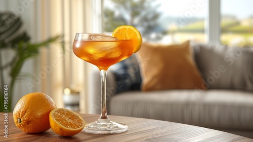   A glass of drink sits atop a wooden table, accompanied by a slice of orange on the same table photo