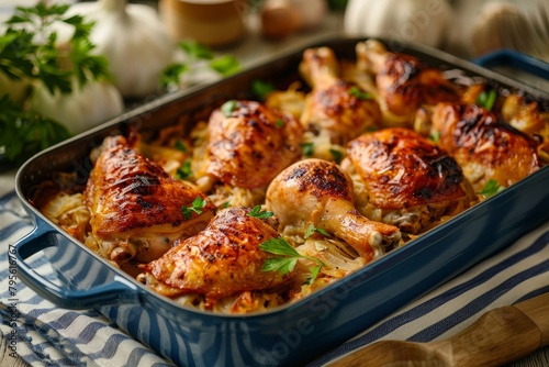 Braised Chicken Legs in Sauerkraut served in blue roasting pan on blue and white striped kitchen linen.