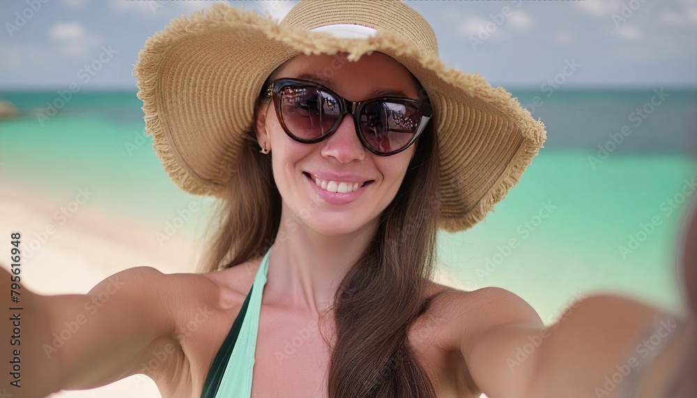 Happy young woman in straw hat and sunglasses takes a selfie on the beach 