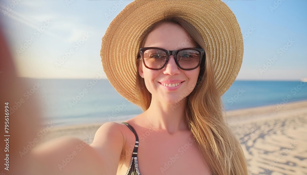Happy young woman in straw hat and sunglasses takes a selfie on the beach 