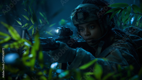 Under the cover of night, a female soldier in tactical gear configures a Starlink setup amidst dense foliage, with moonlight casting dramatic shadows, emphasizing the stealth and p
