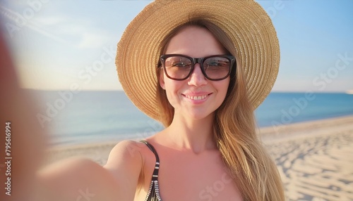 Happy young woman in straw hat and sunglasses takes a selfie on the beach  © Marko