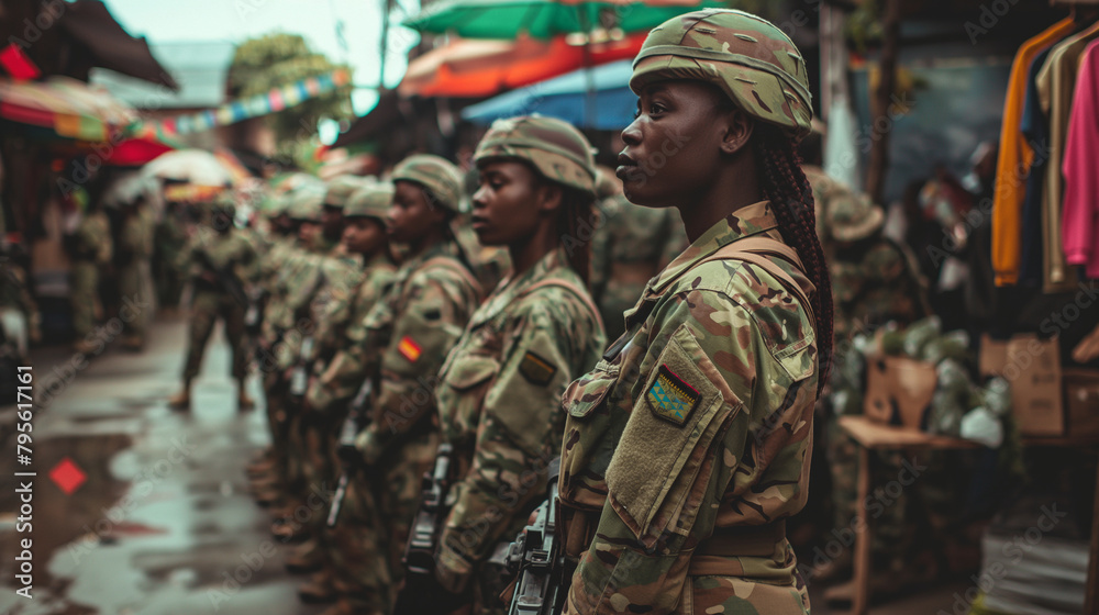 In a vibrant marketplace, a unit of female military personnel stands in formation, demonstrating the diverse representation of women in the defense forces. In a vibrant marketplace, a unit of female military personnel stands in formation, demonstrating the diverse representation of women in the defense forces.