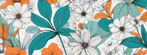 Tropical Chic, Botanical and Floral Line Art Background, Infused with Summer Tones for a Stylish Look.