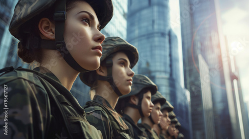 Amidst towering skyscrapers, a platoon of female army recruits stands in formation in a modern urban setting, highlighting the intersection of military service with contemporary so photo