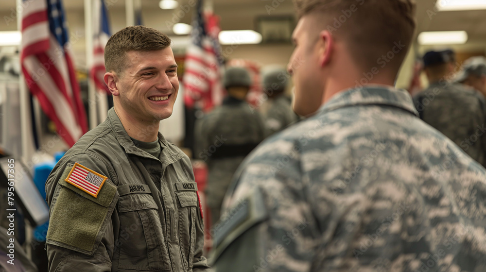 In a bustling recruiting center, a man in civilian attire engages in conversation with a smiling recruiter, their discussion framed by the backdrop of uniforms, flags, and informat