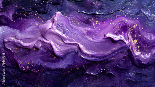  A painting featuring swirling purple and gold hues on a blue and purple backdrop, accentuated by gold flecks