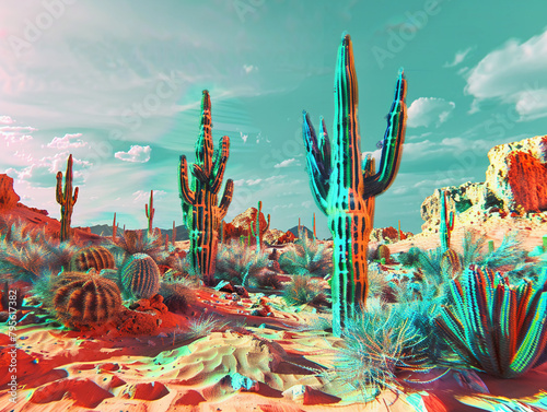 Surreal anaglyph 3D view of a desert experiencing a severe heatwave, cacti and mirage effects, hyper-realistic visuals