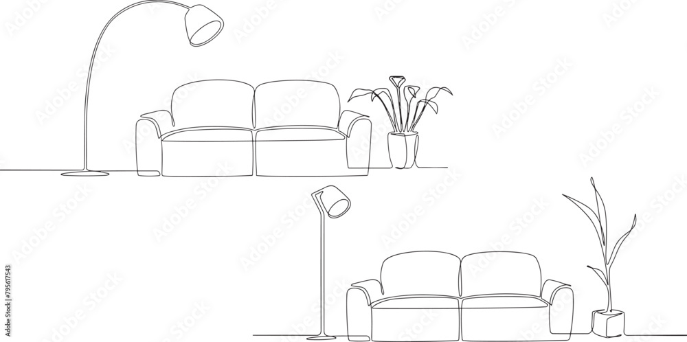 Continuous one line drawing of sofa and wall shelf with potted plants and floor lamp.