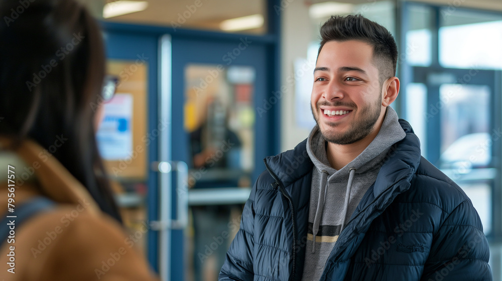 Obraz premium At a recruiting center entrance, a man receives a warm welcome from a recruiter, setting the tone for an informative and engaging conversation about career pathways.