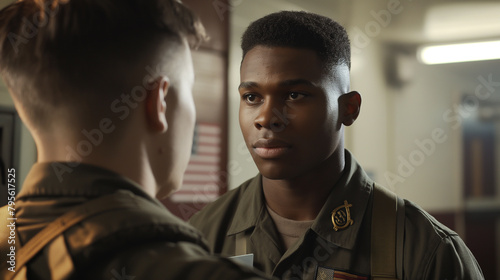 Against a backdrop of regimental insignias, a man receives personalized guidance from a recruiter, their interaction underscored by the shared commitment to national service.