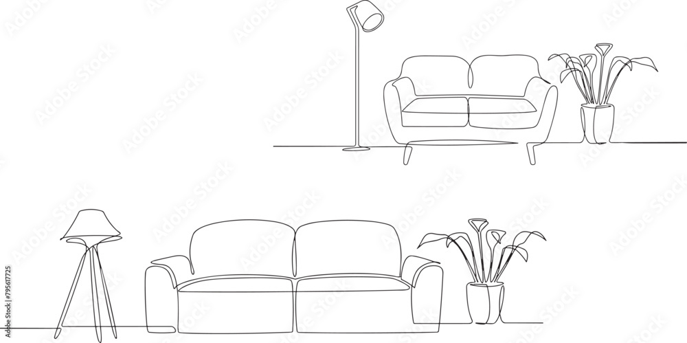 Continuous one line drawing of sofa and wall shelf with potted plants and floor lamp.
