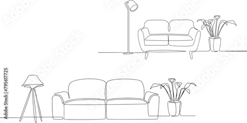 Continuous one line drawing of sofa and wall shelf with potted plants and floor lamp. 
