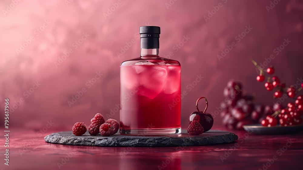 A bottle of raspberry liqueur sits next to bowls of fresh raspberries and cherries A bottle of raspberry liqueur sits next to bowls of fresh raspberries and cherries