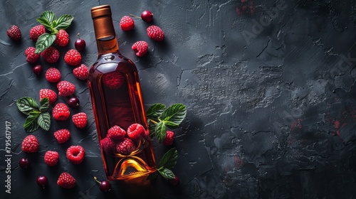   A dark backdrop showcases a bottle of raspberry wine, encircled by ripe raspberries and scattered mint leaves