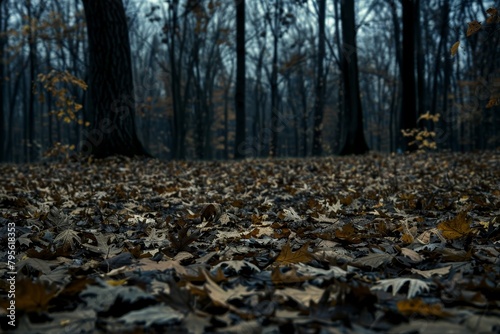 Fallen leaves in a forest at dusk, dark, moody, shadows.