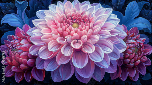  A painting of pink and blue flowers against a black backdrop, centered with a yellow bloom