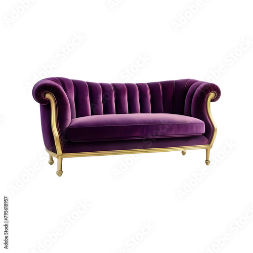 Plum velvet settee with antique brass legs, Transparent Background, PNG Format