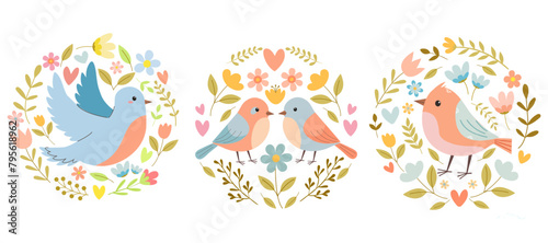 Set of spring summer floral bird prints in a circle of flowers. Vector illustration isolated on white background.