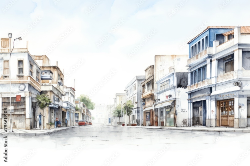 Watercolor illustration city street architecture cityscape outdoors.