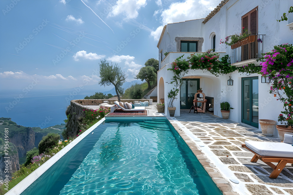 Traditional Mediterranean white house with a pool on a hill, overlooking the stunning sea view. Perfect for summer vacation background.
