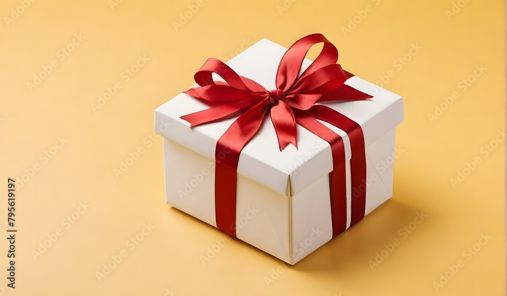 A white gift box with a red ribbon tied around it on a yellow background.